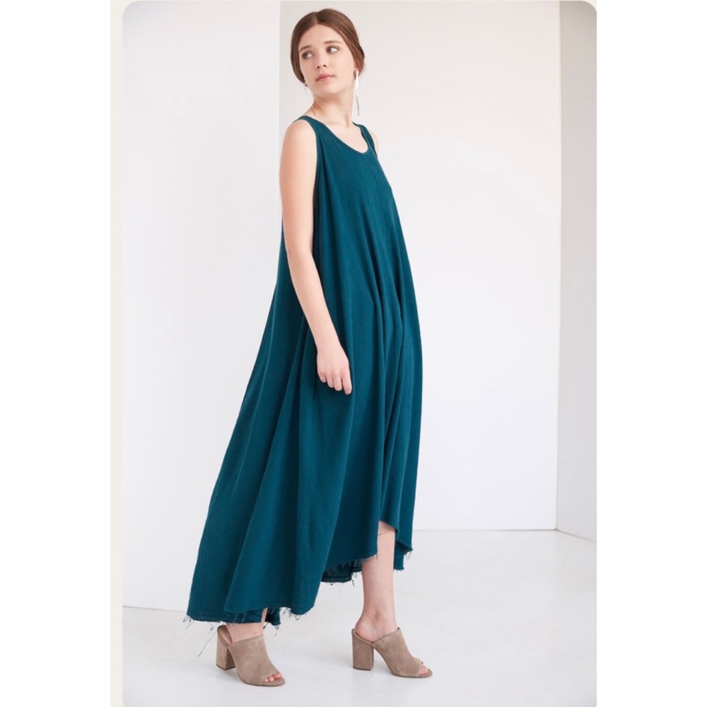 Black Crane Linen Maxi Dress Teal Green XS